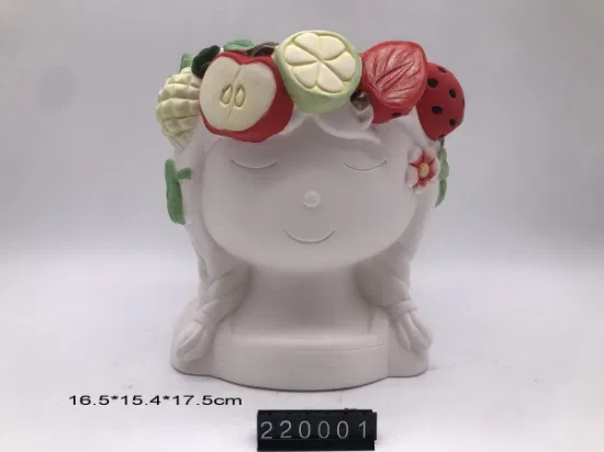 Handgefertigter Keramiktopf mit süßem Mädchenkopf und Früchten für Blumen und Pflanzen und Sukkulenten-Arrangement, Tischdekoration, Übertopf, Geschenk